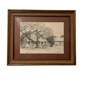Original A Shemroske 1975 Luckenbach TX Country Store Pen Ink Drawing Framed